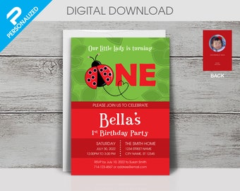 Tarjeta de invitación personalizada para el primer cumpleaños con mariquita para niña (5x7) / DELANTERO Y TRASERO