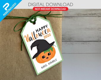 Etiqueta de regalo de Halloween con una linda calabaza con sombrero de bruja / Linda calabaza / Archivo PDF imprimible (1 x 3 pulgadas) / Para obsequios / Regalos de agradecimiento