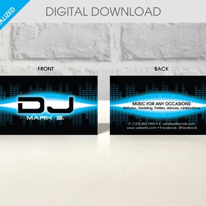 May include: A black and blue business card with the text "DJ Mark S." and a stylized DJ logo. The back of the card has the text "Music for any occasions: Birthday, Wedding, Parties, dances, celebrations" and contact information.