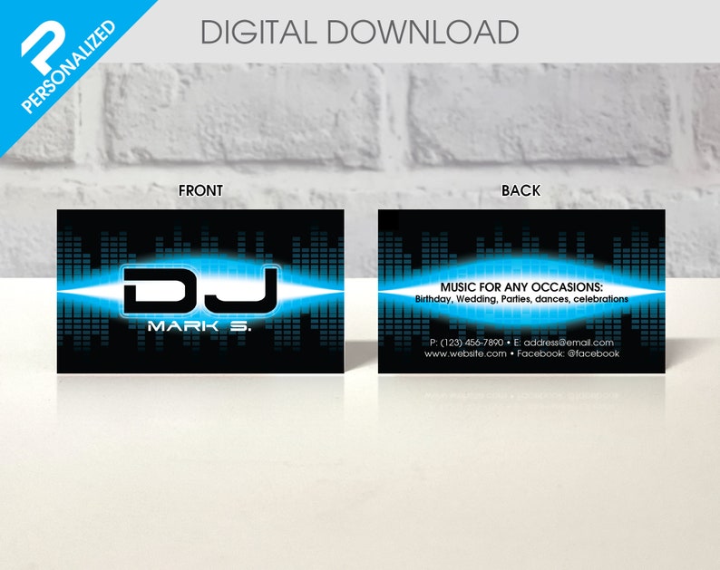 May include: A black and blue business card with the text "DJ Mark S." and a stylized DJ logo. The back of the card has the text "Music for any occasions: Birthday, Wedding, Parties, dances, celebrations" and contact information.