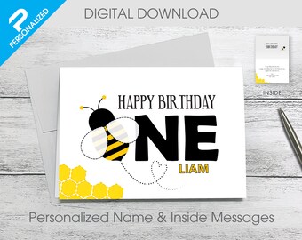 Tarjeta personalizada del 1er cumpleaños con linda abeja (5x7) / ARCHIVO PDF