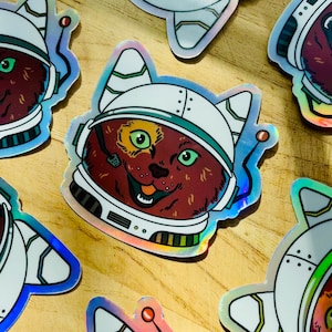 Large Waterproof Holographic Vinyl Sticker “Calico Astronaut” || Cat Kitten Pet Outer Space || Great for Water Bottles, Journals, Decoration