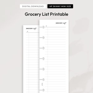Può includere: Due liste della spesa stampabili in formato mini sottile per un Happy Planner. Le liste sono bianche con linee nere e il testo "GROCERY List" in alto.