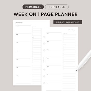 Könnte beinhalten: Druckbare Wochenplaner-Vorlage im Schwarzweiß-Design. Der Planer ist in zwei Abschnitte unterteilt: eine Wochenübersicht und eine tägliche To-Do-Liste. Der Abschnitt Wochenübersicht bietet Platz für Prioritäten und eine Wochenübersicht. Der Abschnitt der täglichen To-Do-Liste bietet Platz für Aufgaben und Notizen. Der Planer ist für die Verwendung mit einem Ringbuchsystem konzipiert.