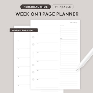 Personal Wide Minimalist Week on 1 Page Printable Planner Insert | Productivity Weekly Planner with Task List | WO1P-01