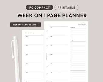 FCC Week on 1 Page Minimalist Weekly Printable Planner Insert | Weekly Productivity Planner with Task List Printable | FC Compact | WO1P-01