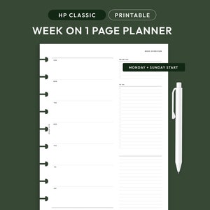 May include: A printable weekly planner with a white background and black text. The planner is designed for a Happy Planner Classic size and has a section for daily tasks, priorities, and a weekly overview. The text "MONDAY + SUNDAY START" is printed in black at the top of the weekly overview section.