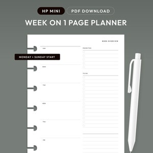May include: A black and white printable planner page for an HP Mini planner. The page is designed for a week on one page and includes sections for priorities, to do, and a week overview. The text "MONDAY + SUNDAY START" is at the top of the page.