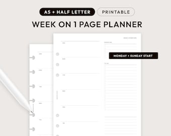 A5/Half Letter Week on 1 Page Minimalist Weekly Planner Printable  | Week on 1 Page Printable for Productivity with Task List | WO1P-01