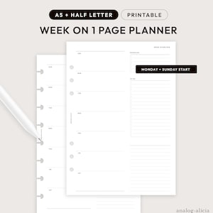 Planificador semanal minimalista imprimible de tamaño A5/media carta con semana en 1 página / Planificador semanal imprimible de tamaño A5/media carta con semana en 1 página para aumentar la productividad con lista de tareas / WO1P-01