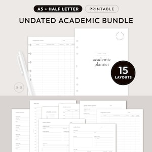 May include: A printable academic planner bundle in A5 and half letter sizes. The bundle includes 15 different layouts, including assignment trackers, schedule overviews, group project planners, and study plans.