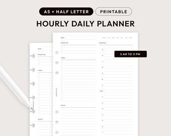 May include: Printable hourly daily planner in A5 and half letter sizes. The planner has sections for dates, priorities, tasks, notes, and a schedule from 5 AM to 11 PM.