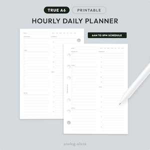 May include: Printable A6 hourly daily planner with sections for dates, priorities, tasks, notes, and a schedule from 6 AM to 8 PM. The planner has a simple design with black text and lines on a white background.