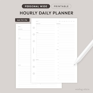 May include: A printable hourly daily planner with sections for dates, priorities, tasks, notes, and a schedule from 5 AM to 9 PM.