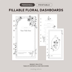 Könnte beinhalten: Weiße, druckbare, ausfüllbare florale Dashboards mit schwarzen floralen Linienzeichnungen. Das Design umfasst eine Titelseite mit dem Text "Your Title Here" und ein Inhaltsverzeichnis. Der Text "Personal" und "Printable" stehen oben. Der Text "Regency Era Style" steht unten.
