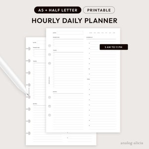 May include: Printable hourly daily planner in A5 and half letter sizes. The planner has sections for dates, priorities, tasks, notes, and a schedule from 5 AM to 11 PM.
