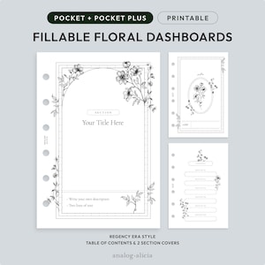 Op de afbeelding: Printbare zwart-witte bloemen dashboard sjablonen voor een planner. De sjablonen bevatten een inhoudsopgave en twee sectie omslagen. De tekst "SECTION" en "Your Title Here" zijn opgenomen in de sjabloon.