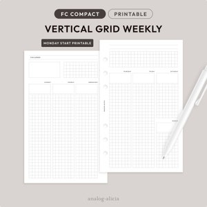 FCC Vertical Week on 2 Pages Grid Weekly Planner Printable | Printable Weekly Insert with Grid Boxes | WO2P-03 | FC Compact Insert