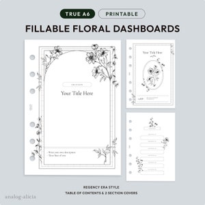 Puede incluir: Tableros de control florales imprimibles de tamaño A6 para una agenda o un diario. Los tableros de control incluyen una tabla de contenido y dos cubiertas de sección con ilustraciones florales y el texto "Your Title Here".