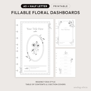Copertine di sezioni floreali compilabili A5/mezza lettera e indice modificabile / Set di 3 dashboard stampabili Regency / Dischi A5 e mezza lettera