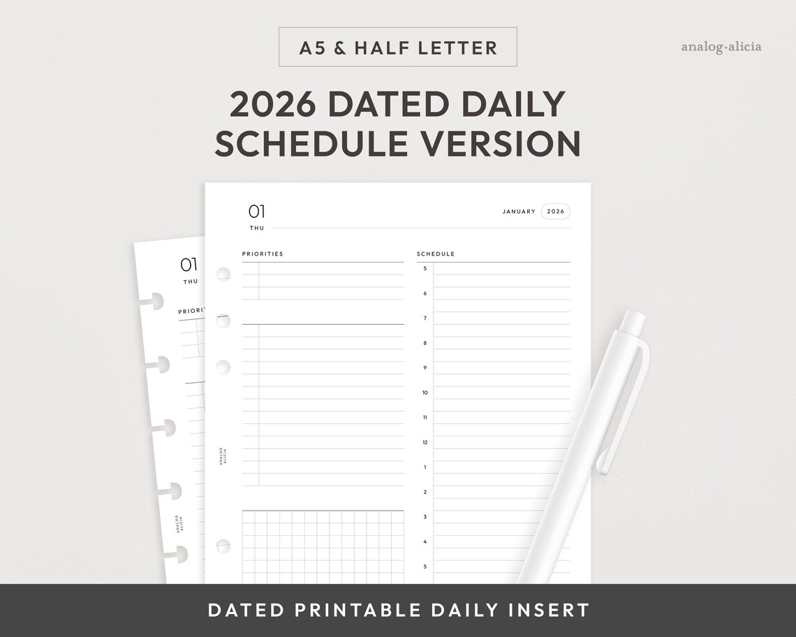 A5/half Letter 2026 Day on 1 Page Printable Insert | Dated Daily ...