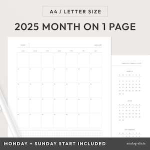 Planificador imprimible tamaño A4/carta 2025 con mes en 1 página, diseño minimalista de cuadrícula mensual, calendario de inicio de lunes y domingo MO1P con fecha