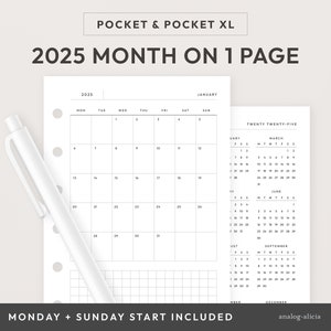 Pocket/Pocket XL 2025 Month on 1 Page Printable Planner Insert, Minimalist Grid Monthly Layout, Dated MO1P Monday/Sunday Start | Pocket Plus