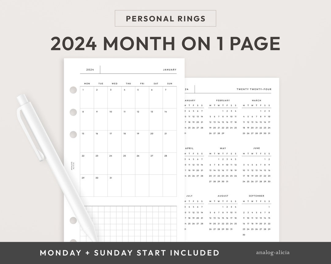 Personal 2024 Month on 1 Page Printable Planner Insert Minimalist Grid ...