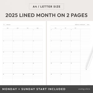 Planificador imprimible de 2 páginas con líneas, tamaño A4/carta, para el año 2025 / Calendario mensual de 2 páginas con fecha (inicio lunes y domingo) / Estilo minimalista