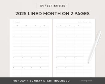 A4 / Letter Size 2025 Lined Month on 2 Page Printable Planner | Dated 2 Page Monthly Calendars - Monday and Sunday Start | Minimalist Style