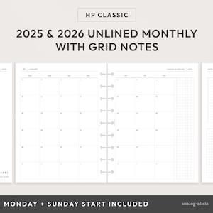 HP Classic 2025 & 2026 Dated Month On Two Pages Printable Planner Insert | Unlined with Grid Notes Monthly Calendar | Minimalist Style