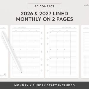 FCC 2026 & 2027 Lined Month on 2 Page Printable Planner Insert | Monday and Sunday Start | MO2P Minimalist Layout (Digital Download)