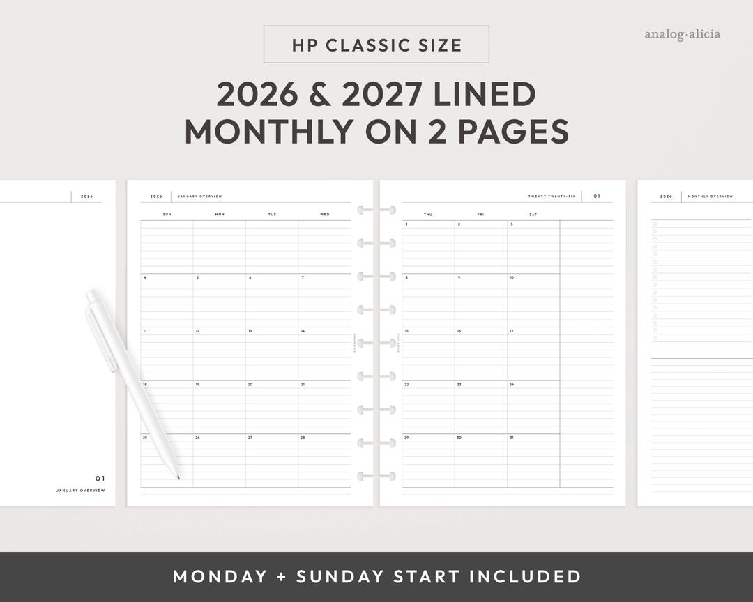 HP Classic 2026 & 2027 Lined Month on 2 Page Printable Planner Insert ...