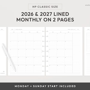 HP Classic 2026 & 2027 Lined Month on 2 Page Printable Planner Insert | Monday and Sunday Start | MO2P Minimalist Layout (Digital Download)