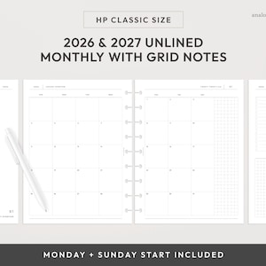 HP クラシック 2026 & 2027 月間プランナー（2ページ、印刷可能）| 罫線なし、グリッドノート付き 月間プランナー挿入物（デジタルダウンロード）