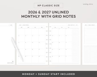 HP Classic 2026 & 2027 Month On Two Pages Planner Printable | Unlined with Grid Notes Monthly Planner Insert (Digital Download)