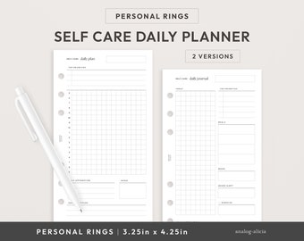 May include: Two printable self-care daily planner pages for personal rings. The first page has a grid for time blocking and space for daily affirmations and mood tracking. The second page has a grid for time blocking, space for top priorities, meals, mood, hours slept, and exercise.