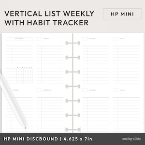 May include: A printable planner page for a vertical weekly list with a habit tracker. The page is designed for a Happy Planner Mini discbound planner and measures 4.625 inches by 7 inches.