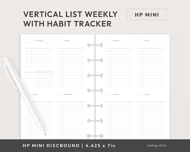 HP Mini Week on 2 Pages Vertical List Weekly With Habit Tracker ...