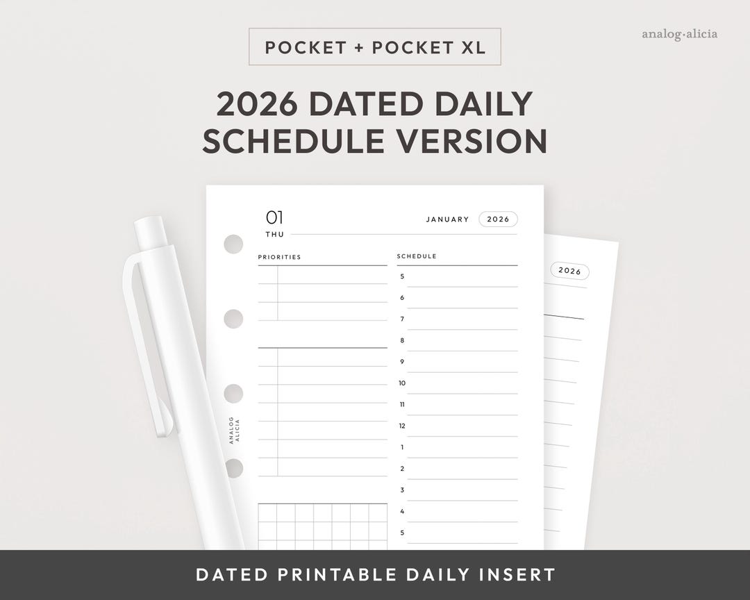 Pocket/pocket XL 2026 Day on 1 Page Printable Insert | Dated Daily ...