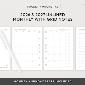 Planner mensile Pocket/Pocket XL 2026 e 2027 stampabile su due pagine / senza righe con note a griglia, inserto per planner mensile (download digitale)