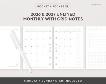 Planificador mensual de bolsillo/bolsillo XL de dos páginas para 2026 y 2027, imprimible, sin líneas, con cuadrícula y notas (descarga digital)