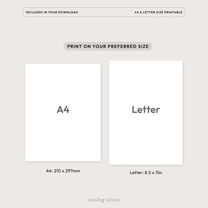 Peut inclure: Mod&egrave;le de conception imprimable pour papier A4 et Lettre. L'image montre deux rectangles blancs avec le texte "A4" et "Lettre" en texte noir. Les dimensions sont indiqu&eacute;es sous chaque rectangle&nbsp;: A4&nbsp;: 210 x 297&nbsp;mm et Lettre&nbsp;: 8,5 x 11&nbsp;pouces.