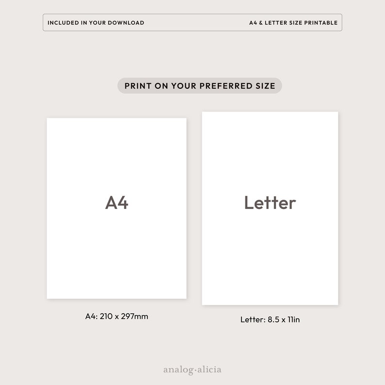 Peut inclure: Mod&egrave;le de conception imprimable pour papier A4 et Lettre. L'image montre deux rectangles blancs avec le texte "A4" et "Lettre" en texte noir. Les dimensions sont indiqu&eacute;es sous chaque rectangle&nbsp;: A4&nbsp;: 210 x 297&nbsp;mm et Lettre&nbsp;: 8,5 x 11&nbsp;pouces.