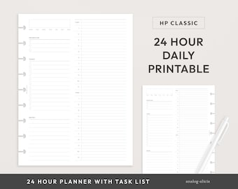 May include: A printable 24-hour daily planner with a task list. The planner is designed for use with a disc-bound planner system. The planner has a simple, minimalist design with a white background and black text. The text "HP CLASSIC 24 HOUR DAILY PRINTABLE" is at the top of the page. The text "24 HOUR PLANNER WITH TASK LIST" is at the bottom of the page. The text "analog-alicia" is in the bottom right corner of the page.