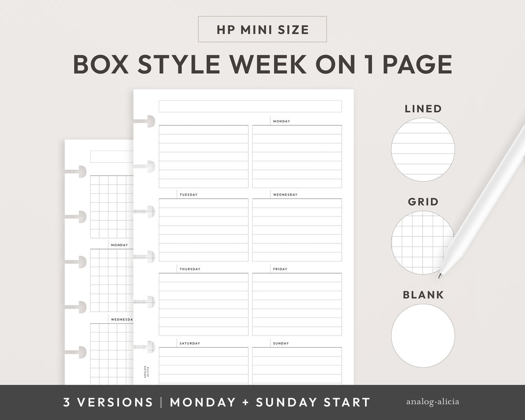 HP Mini Box Style Week on 1 Page Minimalist Weekly Printable Planner ...