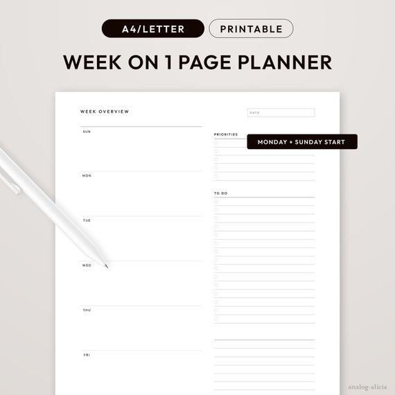 Letter/A4 Week on 1 Page Minimalist Planner Printable | Week At a Glance Printable for Productivity with Task List | WO1P-01