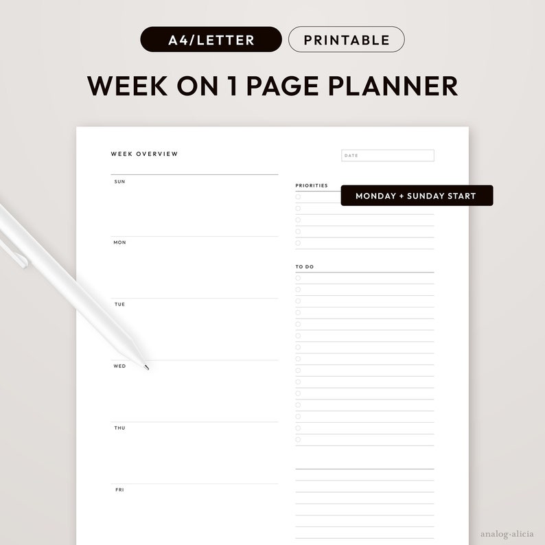 Week on 1 Page planner insert printable for letter and a4 planners.