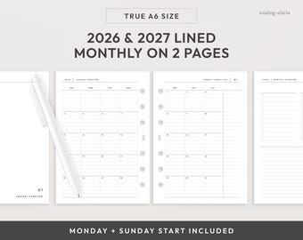 A6 2026 & 2027 Linierter Monat auf 2 Seite Druckbare Planer Einlage | Montag und Sonntag Start | MO2P minimalistisches Layout | Echte A6 Größe