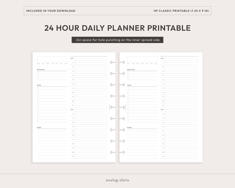 HP Classic 24 Hour Daily Printable Planner Insert | Hourly Time ...